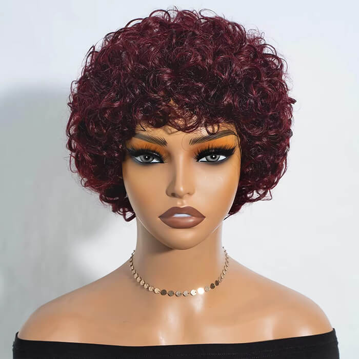 Real Show | Pixie Curly Wig | 99J Red Wig | Machine Made Cap Glueless (8'')