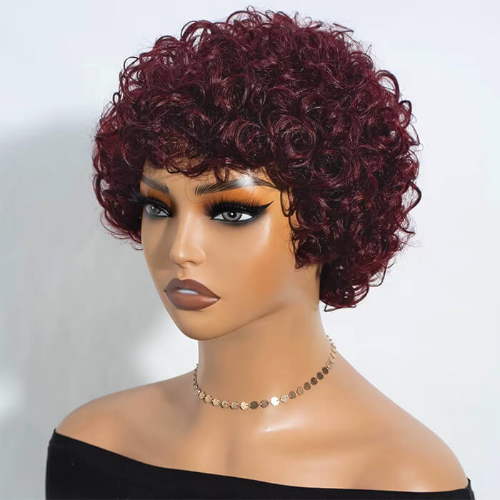 Real Show | Pixie Curly Wig | 99J Red Wig | Machine Made Cap Glueless (8'')