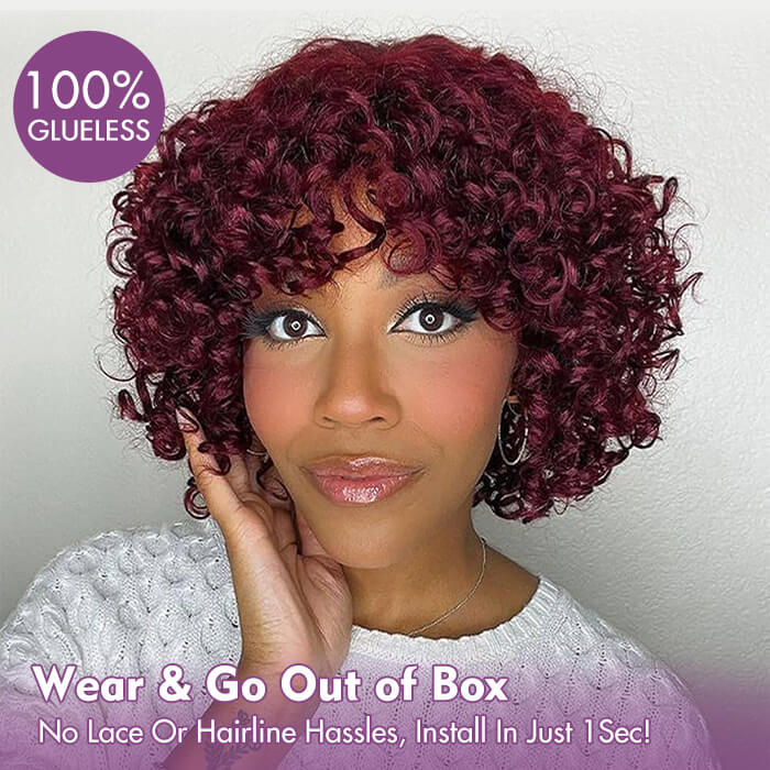 Real Show | Pixie Curly Wig | 99J Red Wig | Machine Made Cap Glueless (8'')