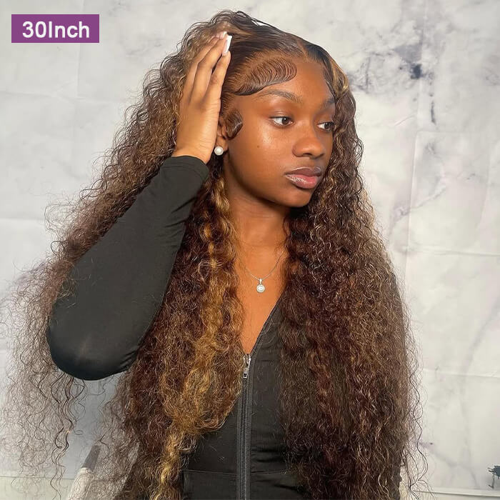 Honey Blonde Highlights P4/27 Colored Deep Wave HD Lace 100% Virgin Human Hair Wigs