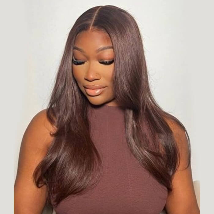 [18''=₵899] Brown Color Straight HD Invisible 4x4 Glueless Closure Wigs 100% Human Hair