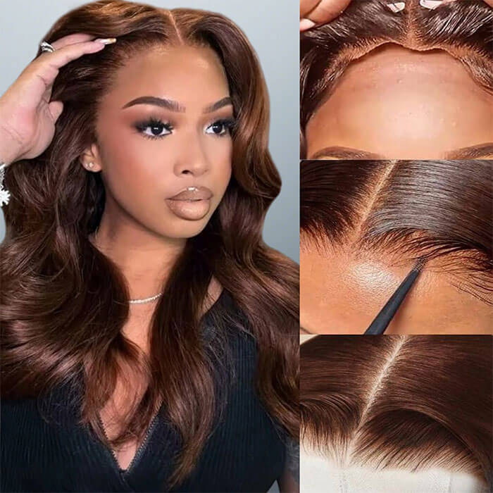 [18''=₵899] Brown Color Body Wave HD Invisible 4x4 Glueless Closure Wigs