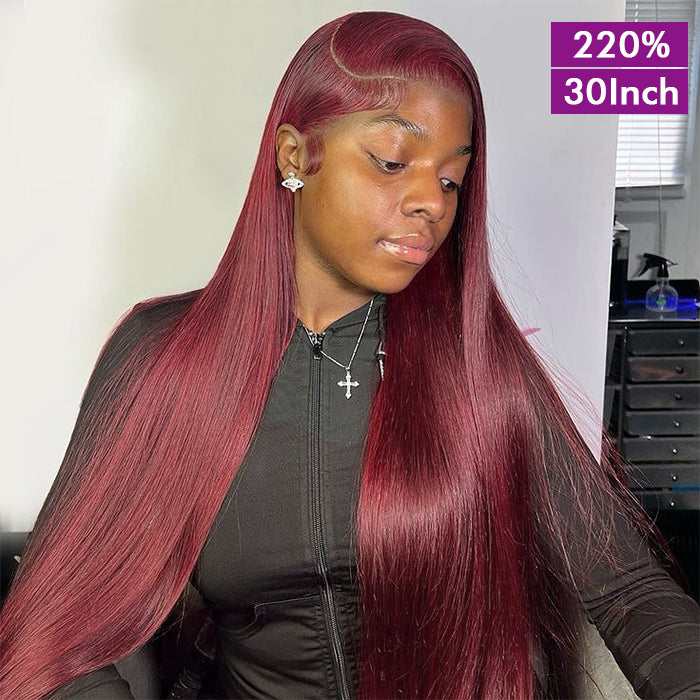 Custom High Density | Straight Lace Wig | 99J Burgundy Color | Closure/Frontal
