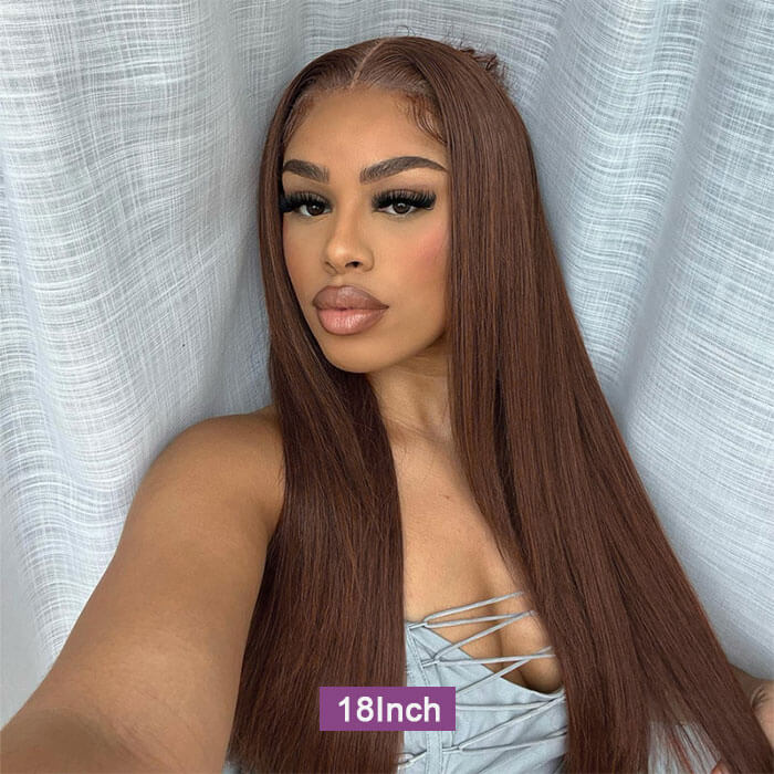 [18''=₵899] Brown Color Straight HD Invisible 4x4 Glueless Closure Wigs 100% Human Hair