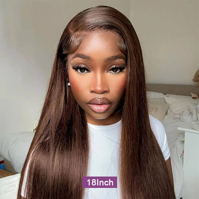 [18''=₵899] Brown Color Straight HD Invisible 4x4 Glueless Closure Wigs 100% Human Hair