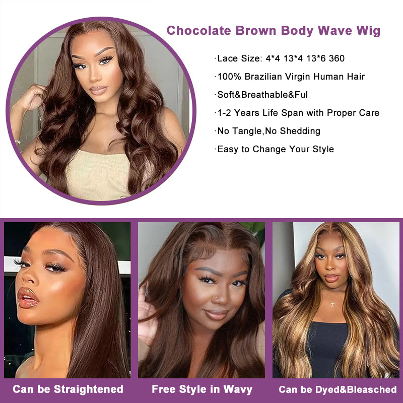 Chocolate Brown #4 Body Wave 13x4 Lace Front Human Hair Wigs For Women