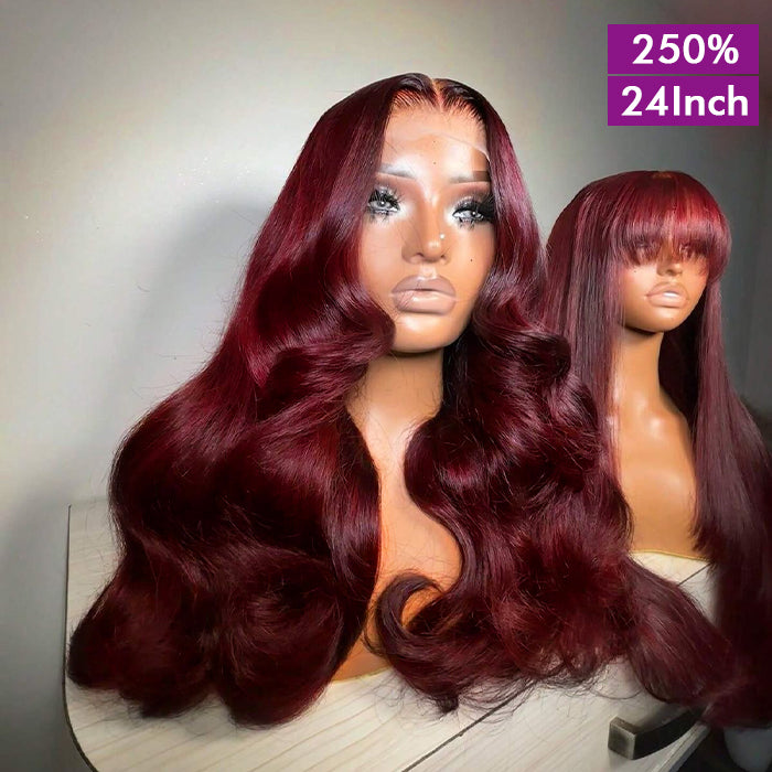 Custom High Density | Body Lace Wig | 99J Burgundy Color | Closure/Frontal