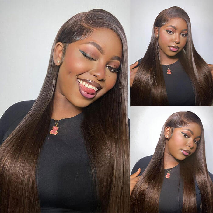 [18''=₵899] Brown Color Straight HD Invisible 4x4 Glueless Closure Wigs 100% Human Hair