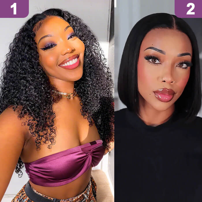 2 Glueless Wigs Set |22'' 13x4 HD Lace Frontal Curly Wig+10'' 4x4 Lace Closure Straight Bob Wig