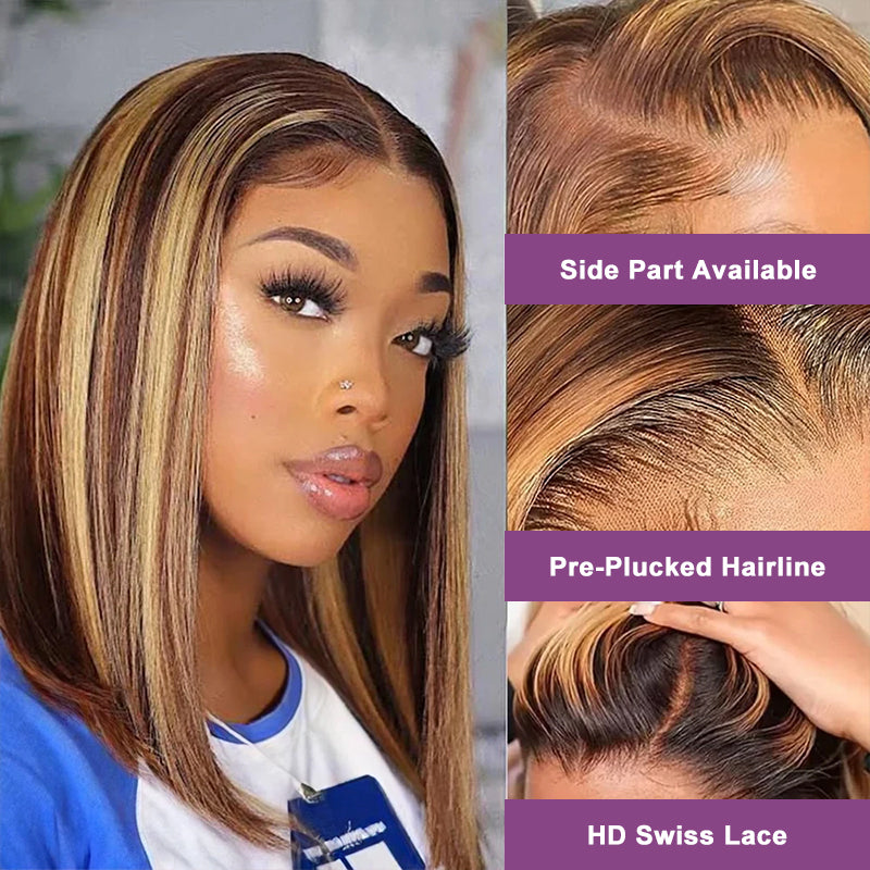 Honey Blonde P4/27 Highlight Straight Bob Wig Ombre 4x4 HD Lace Closure Wig