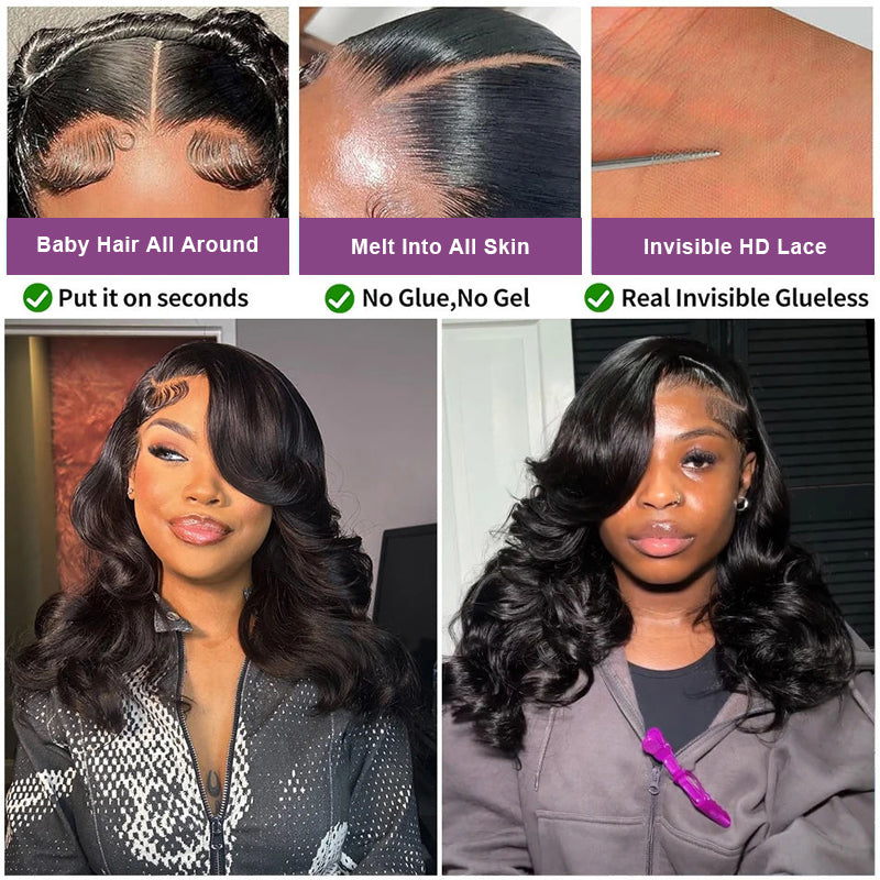 13x4 Short Body Wave Lace Frontal Bob Wig 180% Density Brazilian Remy 100% Human Hair For Women