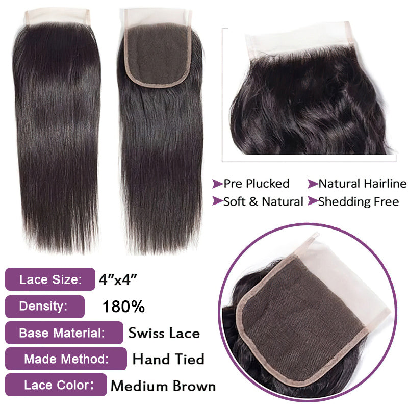 4x4 Transparent Lace Closure Straight Human Hair Closure Natural Black Hair