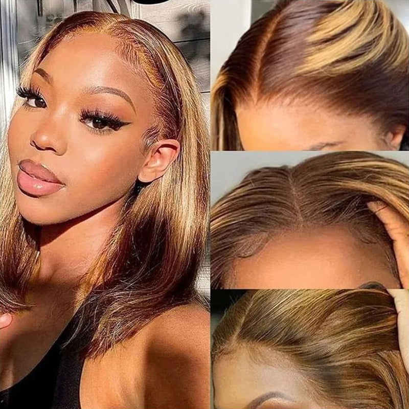 Honey Blonde P4/27 Highlight Straight Bob Wig Ombre 4x4 HD Lace Closure Wig