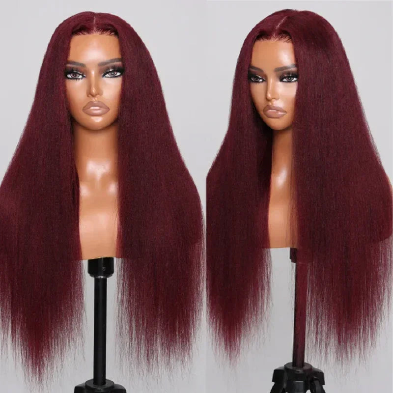 99J Burgundy Yaki Straight 13x4 Lace Front Wig High Density 100% Human Hair