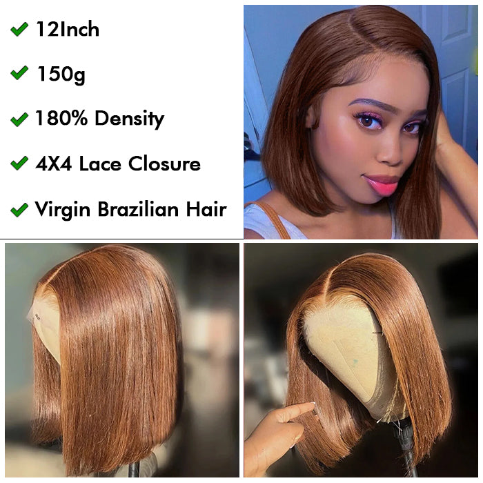 [12''=₵699] Brown Color Glueless 4x4 Closure Bob Wig For Beginners