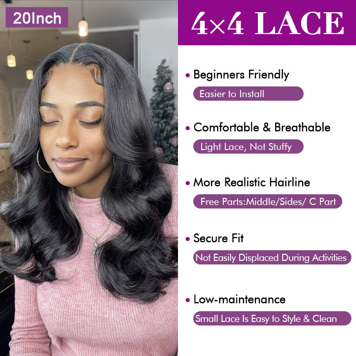 [20''=₵899] Body Wave HD Invisible 4x4 Glueless Closure Wigs Pre Plucked Brazilian Virgin Hair