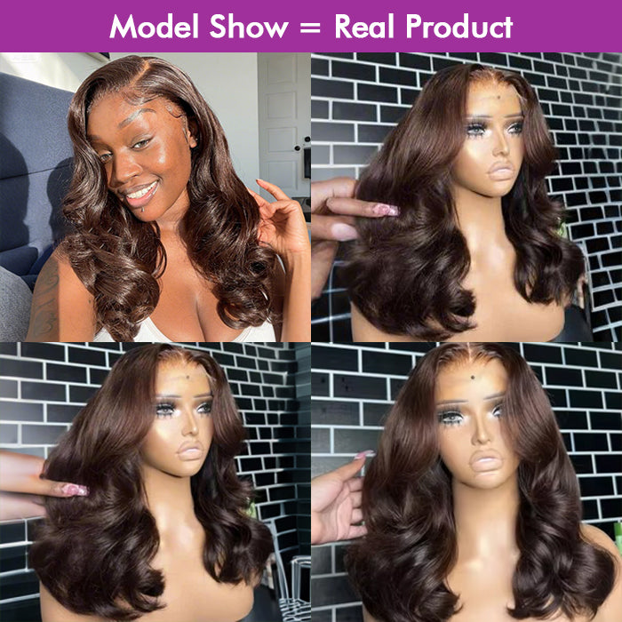 [18''=₵899] Brown Color Body Wave HD Invisible 4x4 Glueless Closure Wigs