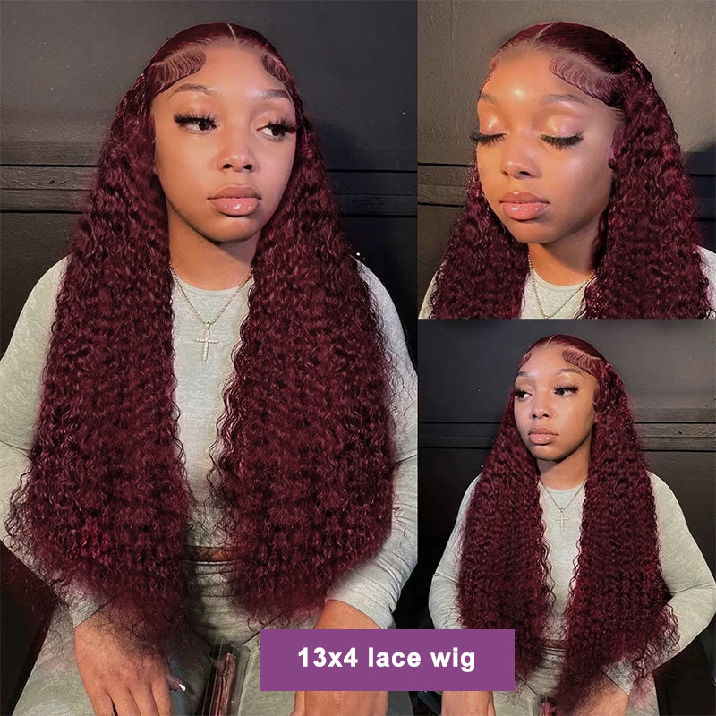 99J Hair Water Wave Burgundy Wig 13x4 Transparent Lace Human Hair Wigs