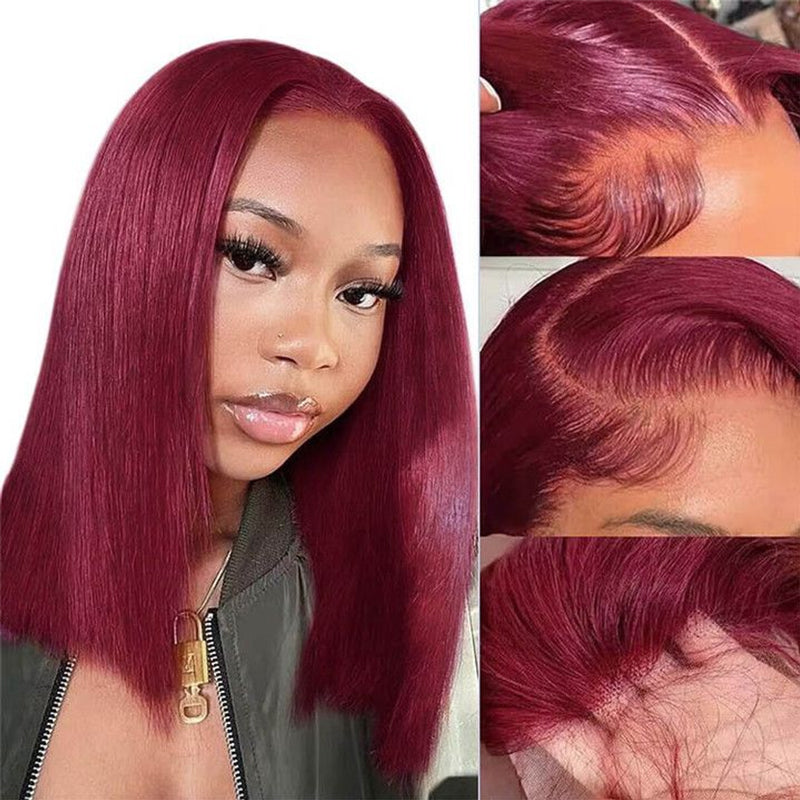 Blunt Cut Bob Burgundy 99J Color Straight Hair Wig High Density