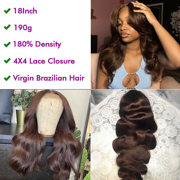 [18''=₵899] Brown Color Body Wave HD Invisible 4x4 Glueless Closure Wigs