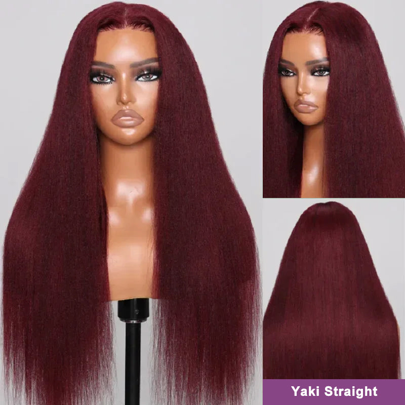 99J Burgundy Yaki Straight 13x4 Lace Front Wig High Density 100% Human Hair