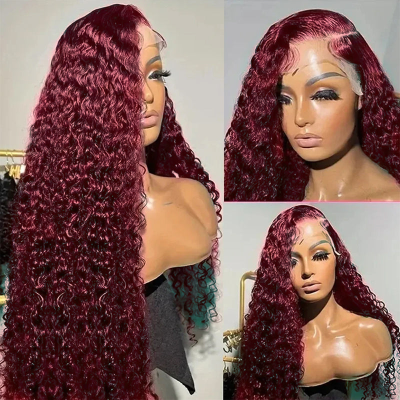 99J Burgundy Deep Wave Curly 13x4 Lace Front Wig High Density