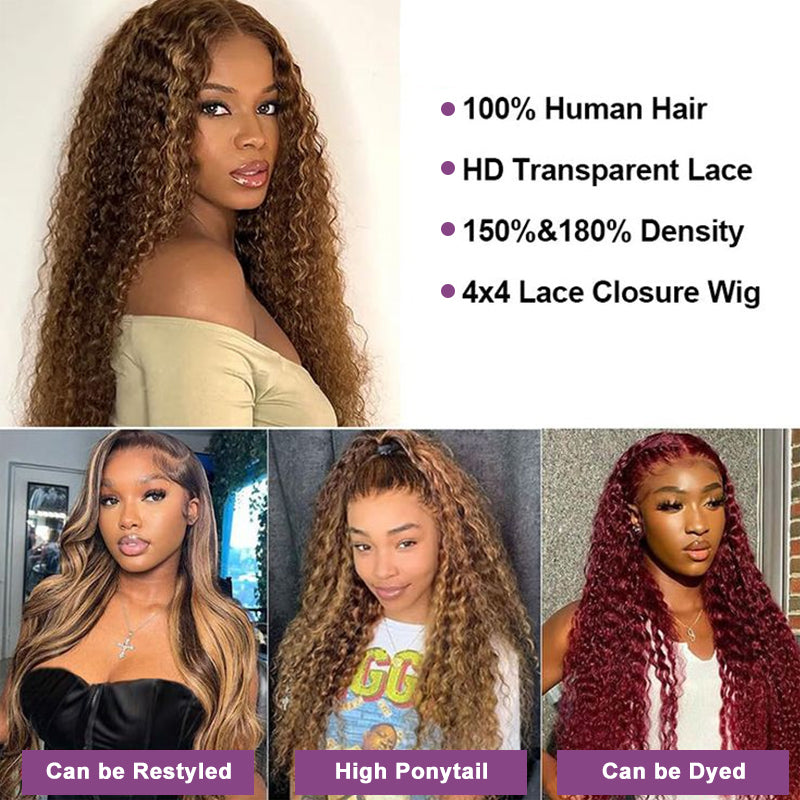 Honey Blonde Highlights P4/27 Colored Deep Wave HD Lace 100% Virgin Human Hair Wigs