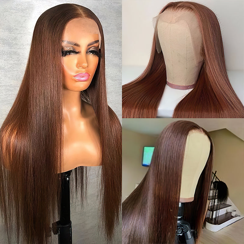 #4 Chocolate Brown Wig Straight 4x4 13x4 Lace Front Human Hair Wigs