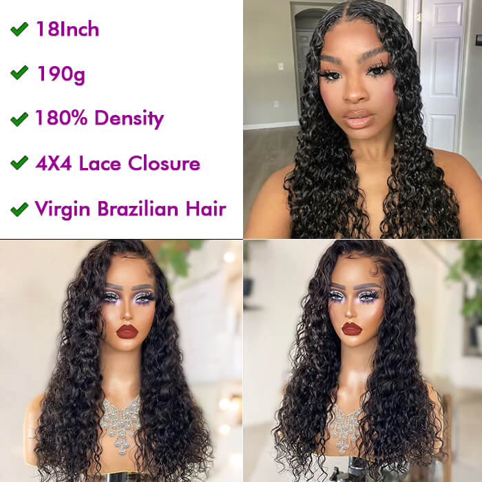 [18''=₵899] Water Wave 4x4 Lace Closure Pre-Cut Glueless Wig