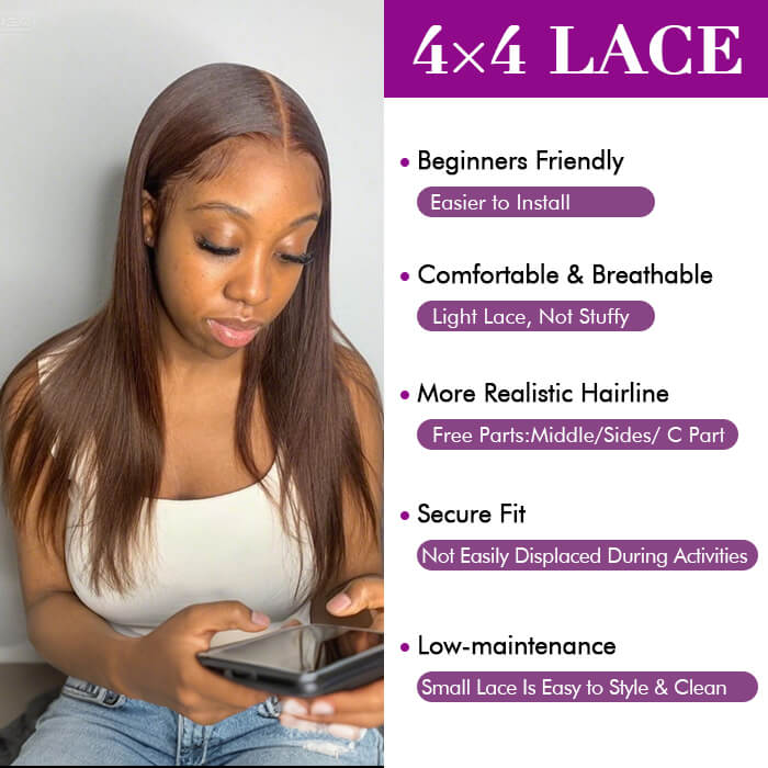 [18''=₵899] Brown Color Straight HD Invisible 4x4 Glueless Closure Wigs 100% Human Hair