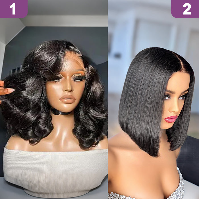 2 Glueless Wigs Set | 18'' Bouncy Wavy Egg Curl Closure Wig +10''Closure Straight Bob Wig
