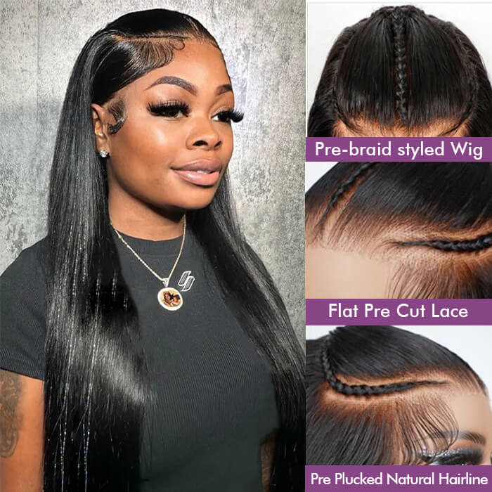 Glueless Pre Braided Wig Straight Hair 13x4 HD Lace Frontal Human Hair Wig