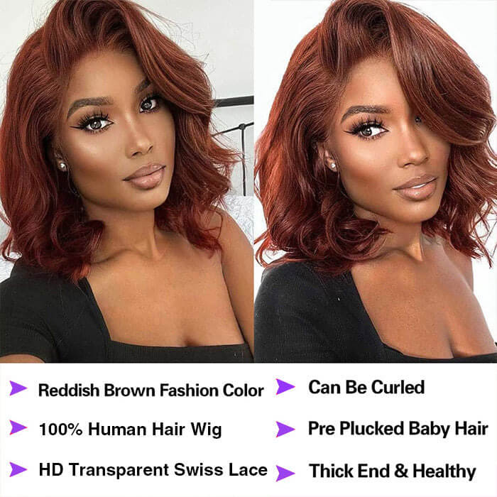 Reddish Brown #33 Straight Wig Glueless Bob Wig Lace Front Human Hair Wigs
