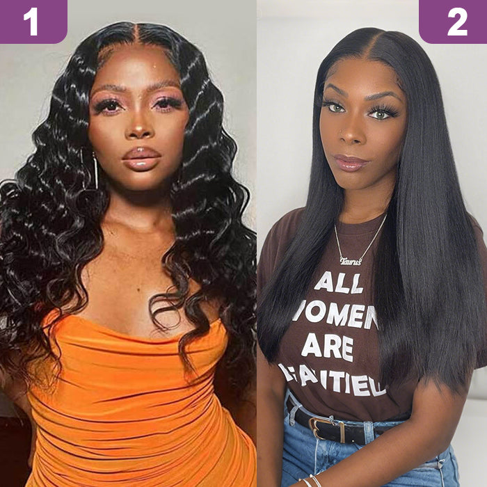2 Glueless Wigs Set | 22'' 13x4 HD Lace Frontal Loose Wave Wig+22'' 4x4 Lace Closure Straight Wig