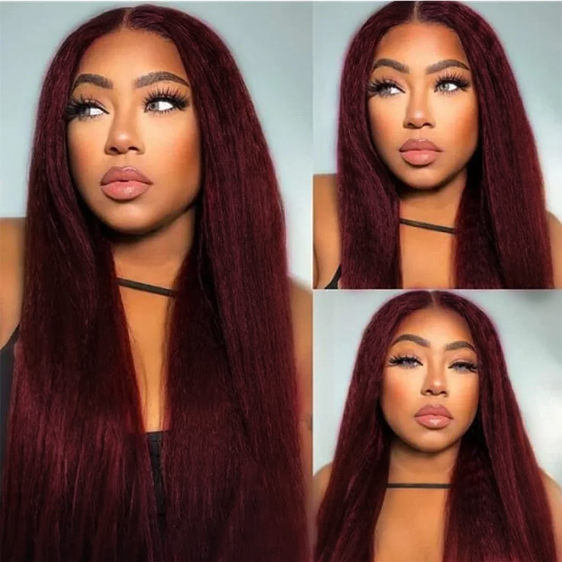 99J Burgundy Yaki Straight 13x4 Lace Front Wig High Density 100% Human Hair