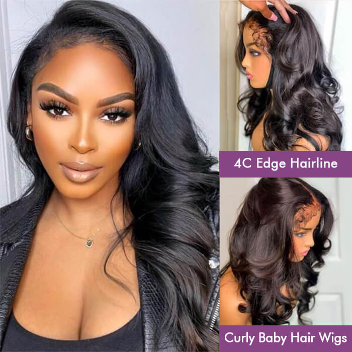 4C Edge Hairline Body Wave 13x4 HD Lace Front Wig with Curly Edges Baby Hair Wigs
