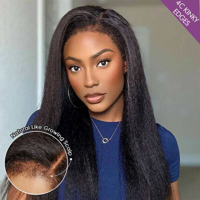 4C Kinky Edge Hairline Yaki Straight Wigs Pre Cut 4x4 HD Lace Human Hair Glueless Wig Pre Bleached