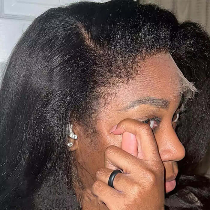 4C Kinky Edge Hairline Yaki Straight Wigs Pre Cut 4x4 HD Lace Human Hair Glueless Wig Pre Bleached