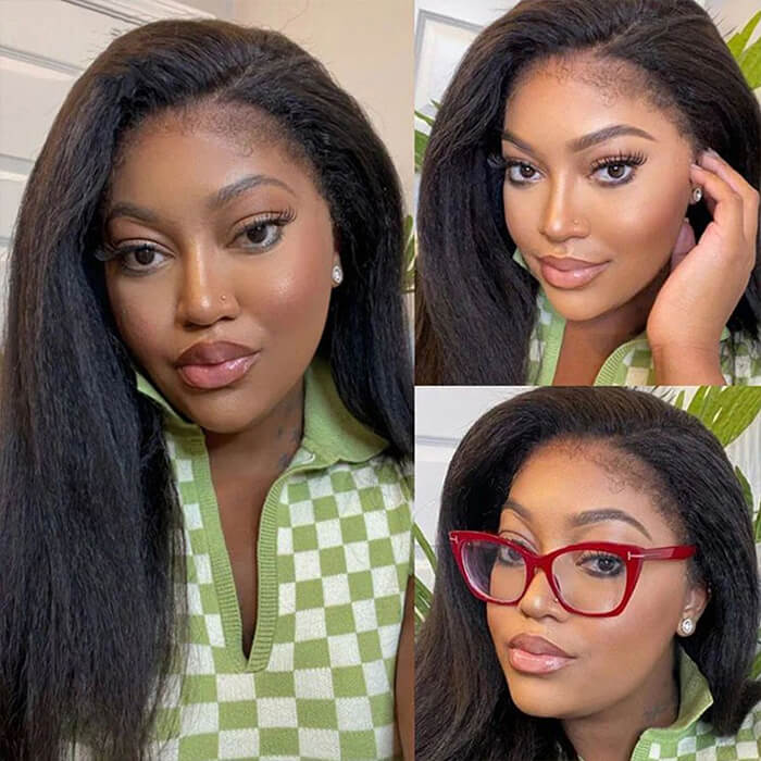 4C Kinky Edge Hairline Yaki Straight Wigs Pre Cut 4x4 HD Lace Human Hair Glueless Wig Pre Bleached