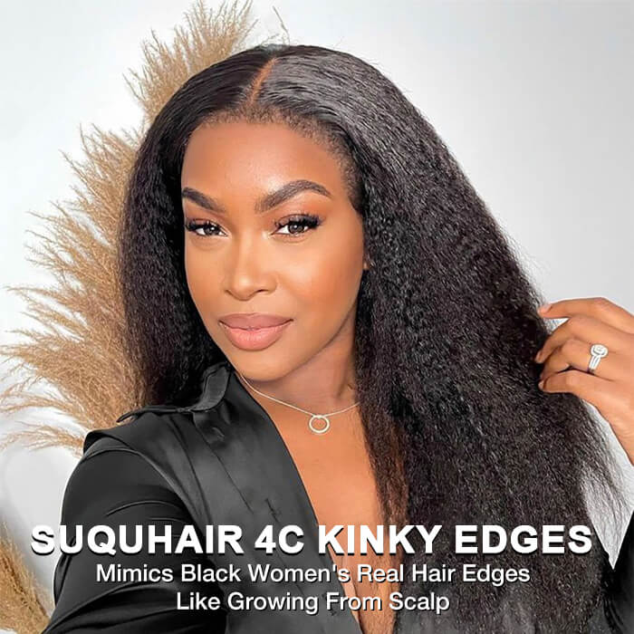 4C Kinky Edge Hairline Yaki Straight Wigs Pre Cut 4x4 HD Lace Human Hair Glueless Wig Pre Bleached