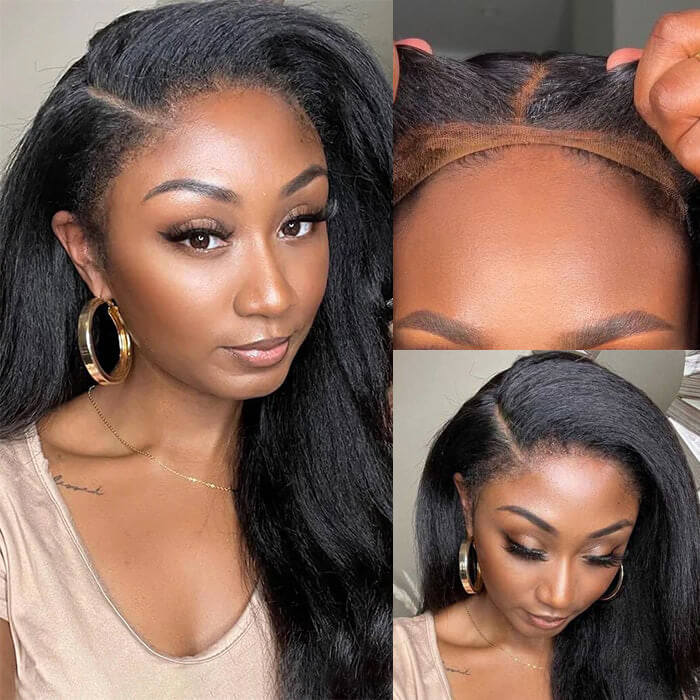 4C Kinky Edge Hairline Yaki Straight Wigs Pre Cut 4x4 HD Lace Human Hair Glueless Wig Pre Bleached