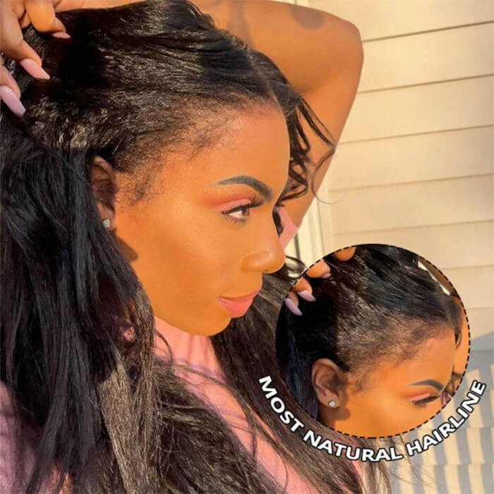4C Kinky Edge Hairline Yaki Straight Wigs Pre Cut 4x4 HD Lace Human Hair Glueless Wig Pre Bleached