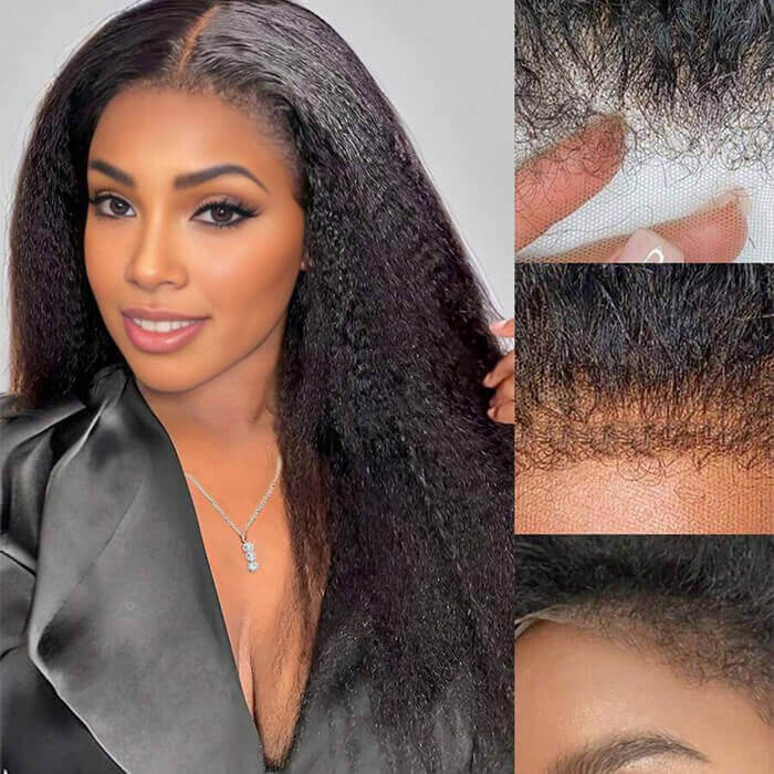 4C Kinky Edge Hairline Yaki Straight Wigs Pre Cut 4x4 HD Lace Human Hair Glueless Wig Pre Bleached