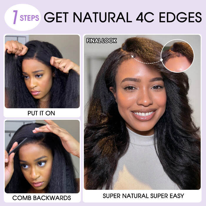4C Kinky Edge Hairline Yaki Straight Wigs Pre Cut 4x4 HD Lace Human Hair Glueless Wig Pre Bleached