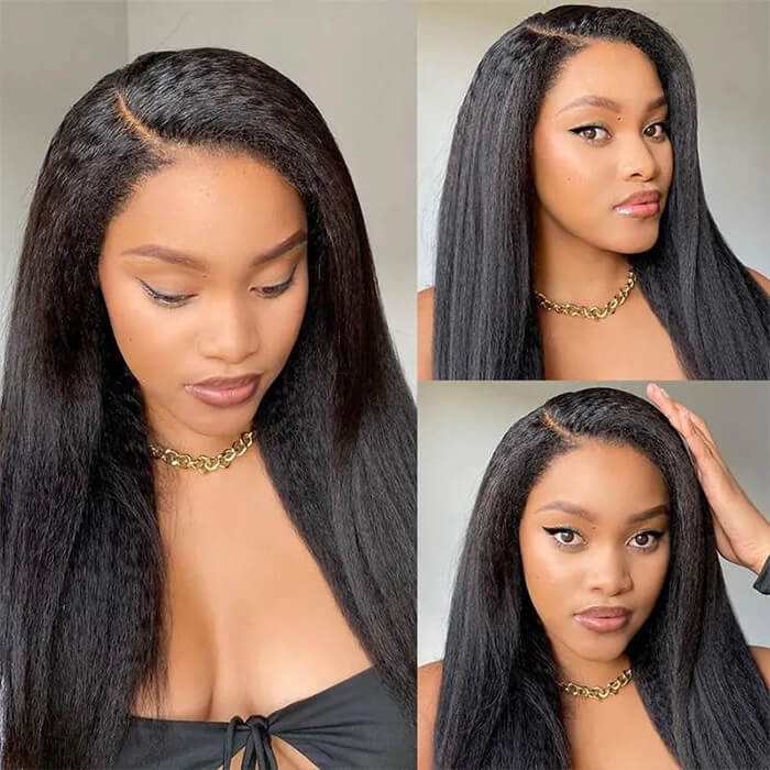 4C Kinky Edge Hairline Yaki Straight Wigs Pre Cut 4x4 HD Lace Human Hair Glueless Wig Pre Bleached