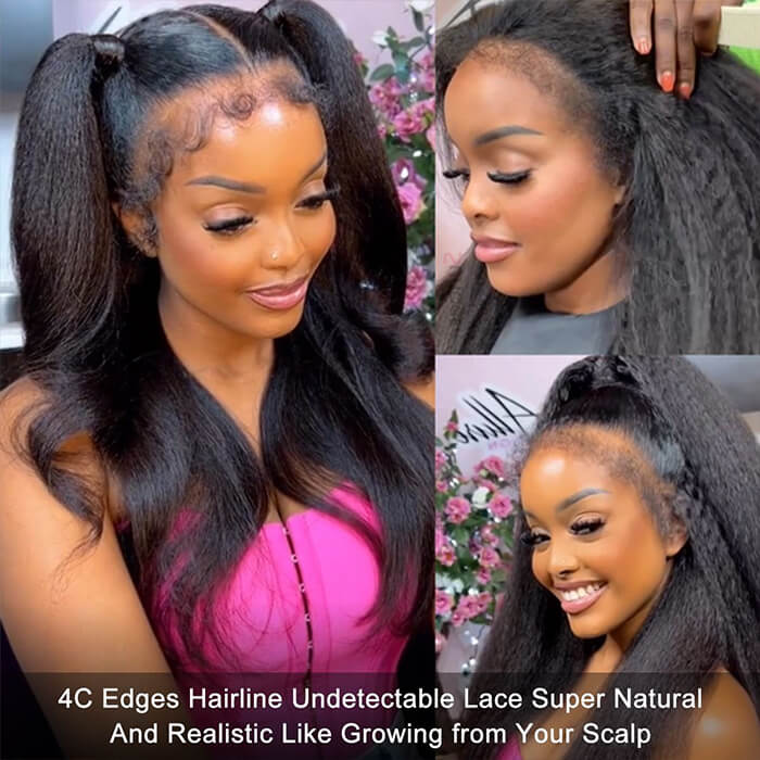 4C Kinky Edge Hairline Yaki Straight Wigs Pre Cut 4x4 HD Lace Human Hair Glueless Wig Pre Bleached