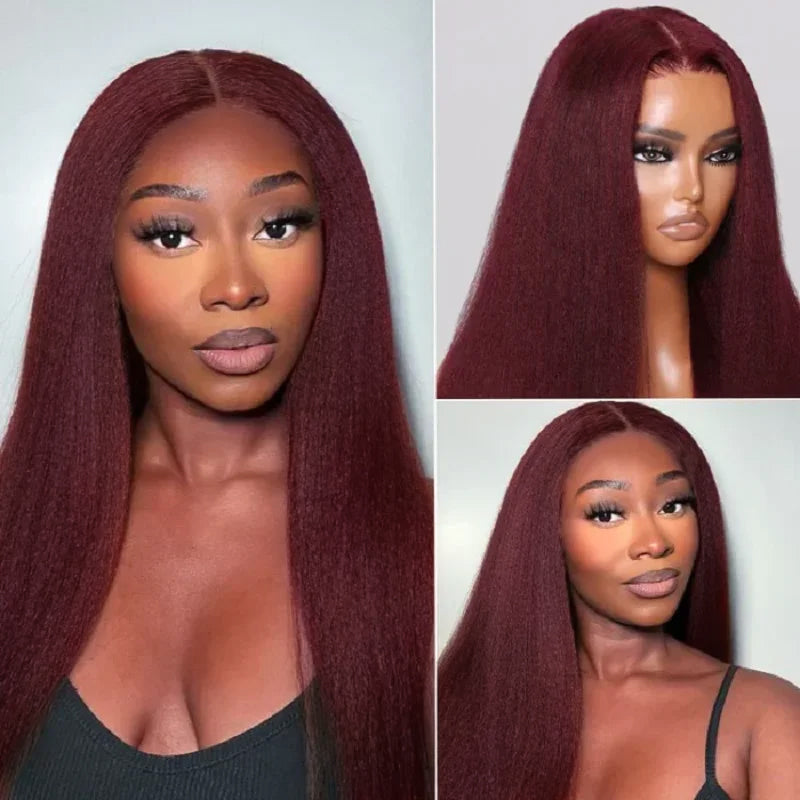 99J Burgundy Yaki Straight 13x4 Lace Front Wig High Density 100% Human Hair