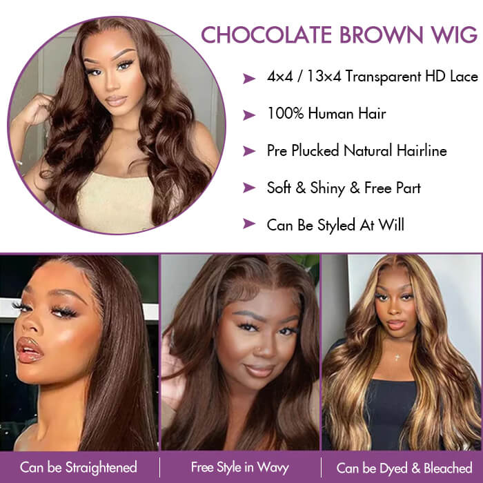 Chocolate Brown #4 Body Wave 13x4 Lace Front Human Hair Wigs For Women