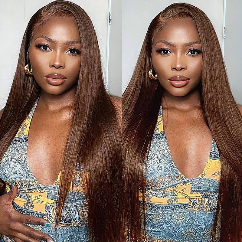 #4 Chocolate Brown Wig Straight 4x4 13x4 Lace Front Human Hair Wigs