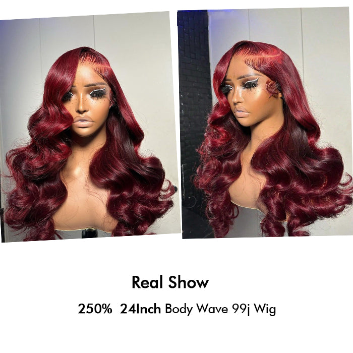 Custom High Density | Body Lace Wig | 99J Burgundy Color | Closure/Frontal